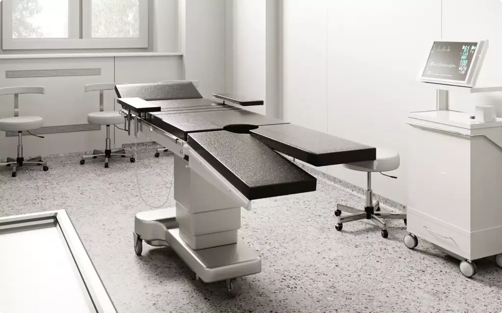 Minimalist medical procedure room with white walls and treatment chair in 3D interior renderings