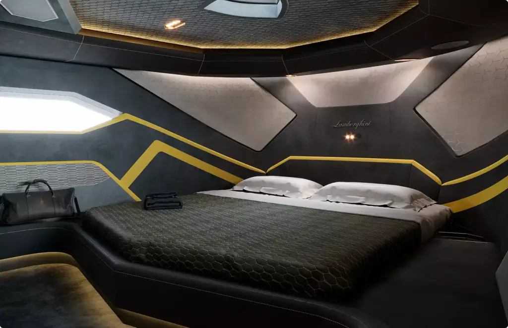 Futuristic bedroom with geometric wall design and ambient lighting in 3D interior renders