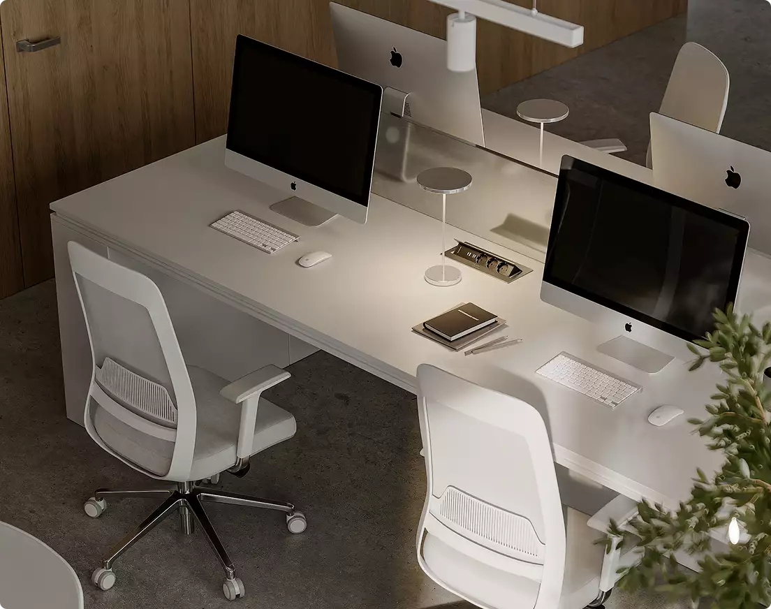Modern office workstation with dual monitors and wood panels for 3D interior visualization services