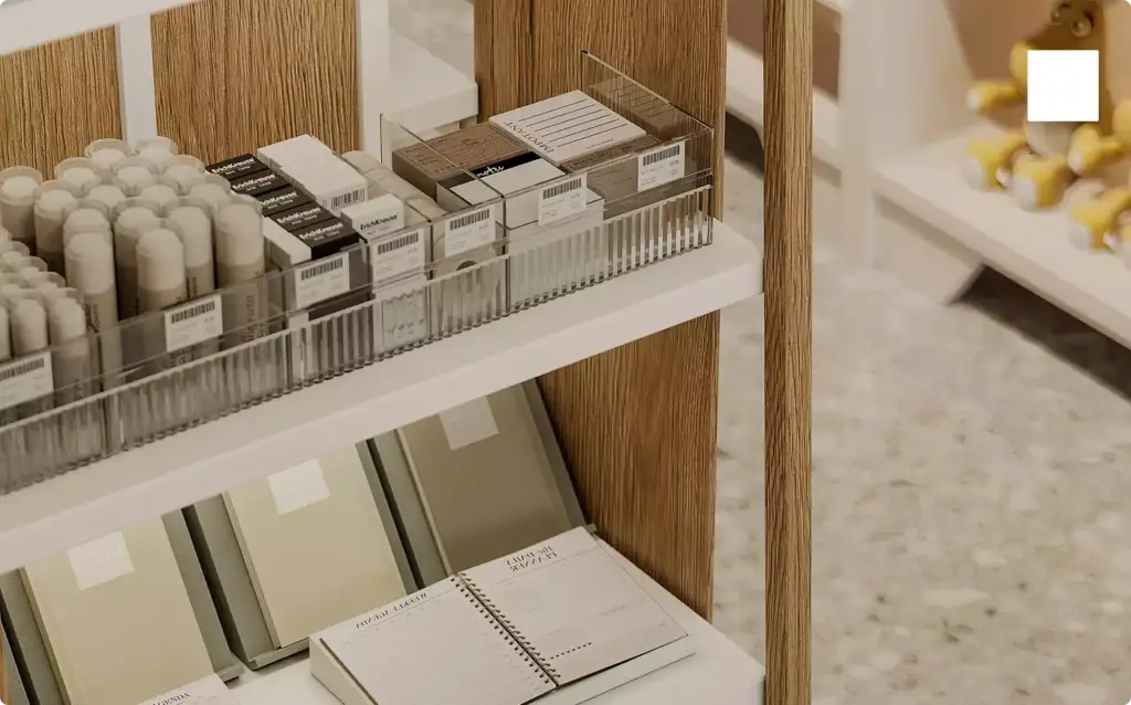 Retail shelving with packaged products and clean display layout in 3D visualization interior design