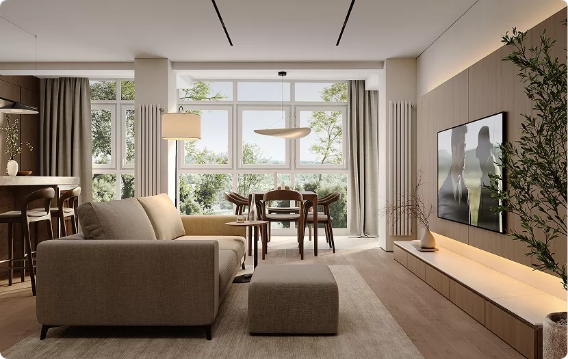 Interior render 3D panorama of modern living room with sofa, dining table, large windows and TV wall unit