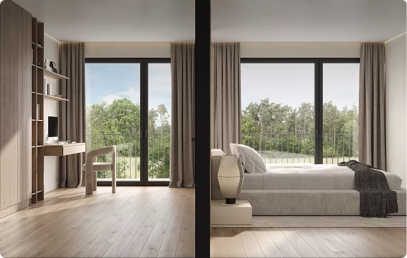 Interior render 3D tour split view of workspace and bedroom with bed, desk, balcony doors and curtains