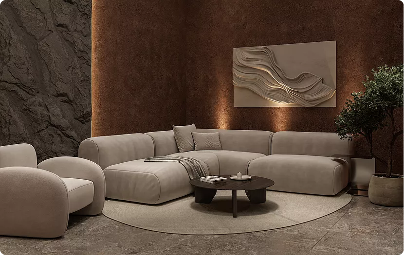 Interior render with artificial lighting in modern living room, curved sofa, coffee table and textured wall panel