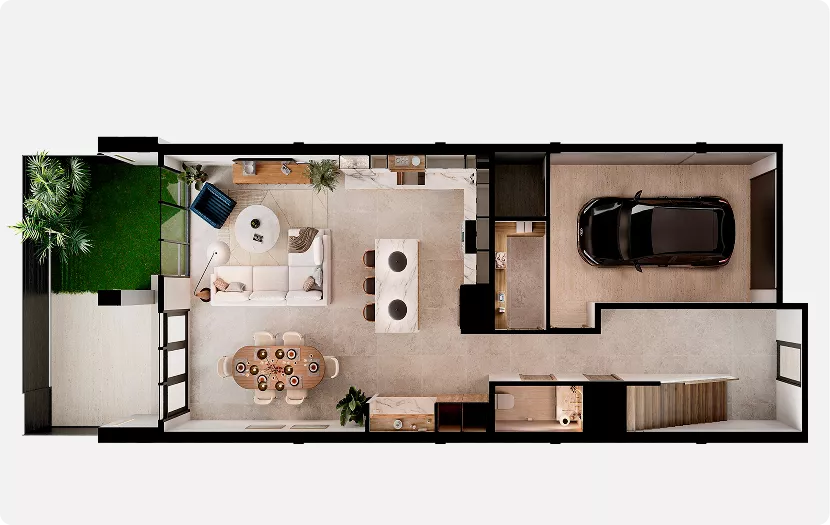 Interior render floor plan top view with living area, dining table, kitchen, garage and outdoor patio