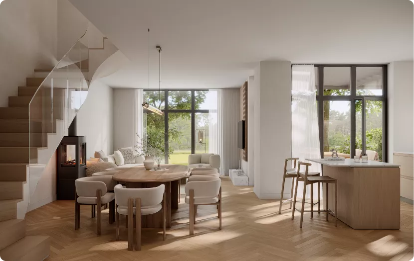 Interior render of modern dining and kitchen area with staircase, large windows, neutral furniture