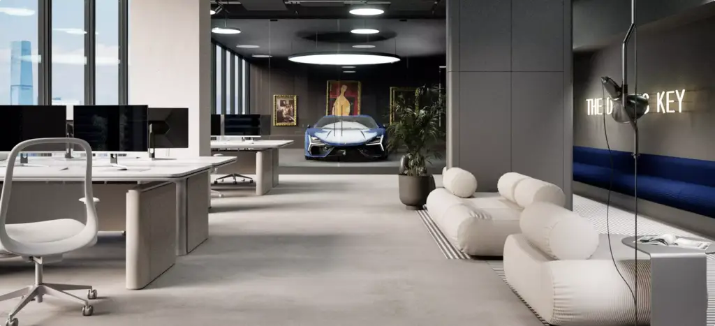 Office render with desks, monitors, lounge seating, blue car display, wall sign, and city windows