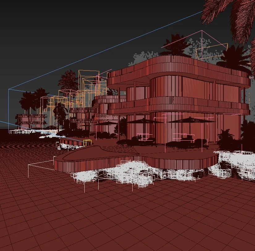 Drawing vs 3D Model - What's the difference? Wireframe 3D architectural model of a waterfront resort showing geometry before texturing and rendering