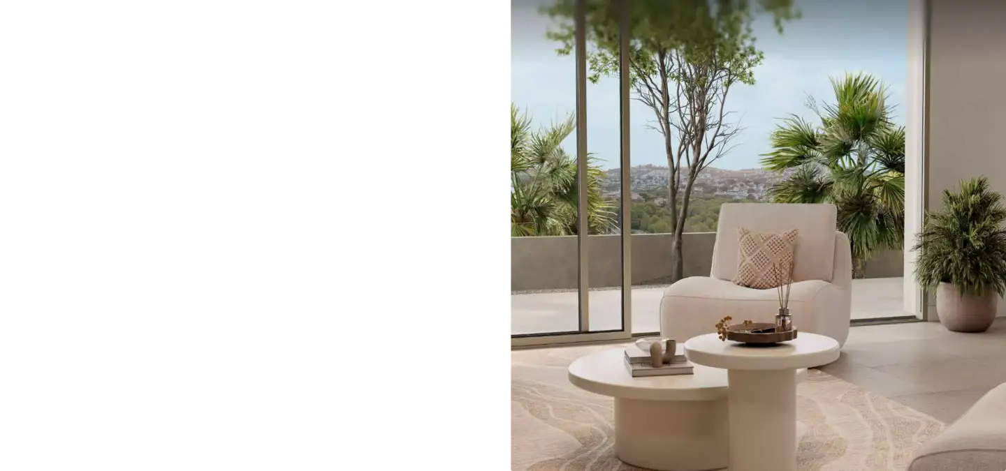 Modern living room with chair and tables near large windows, types of angles in 3D visualization