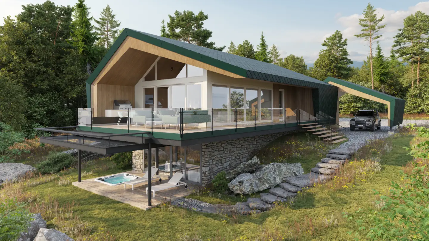 History of architectural visualization Modern forest house exterior 3D render illustrating contemporary architectural visualization