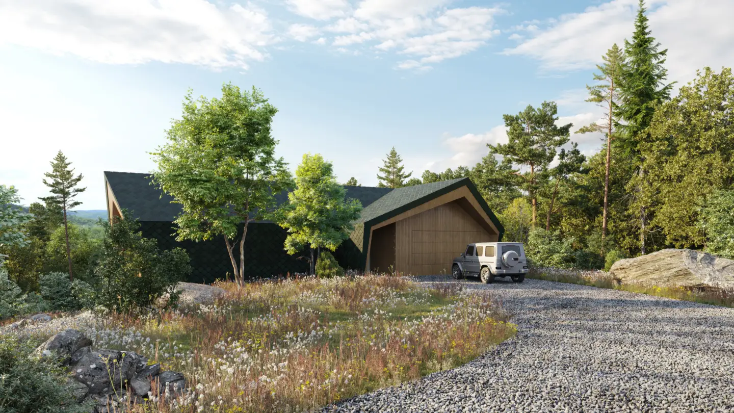 History of architectural visualization Architectural rendering of a modern cabin in nature, illustrating rendering as a new art form