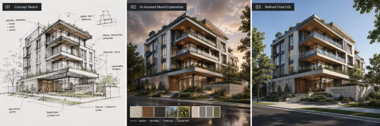 Architectural Visualization Trends Shaping 3D Rendering Design workflow showing concept sketch, AI-assisted mood render, and final CGI building visual