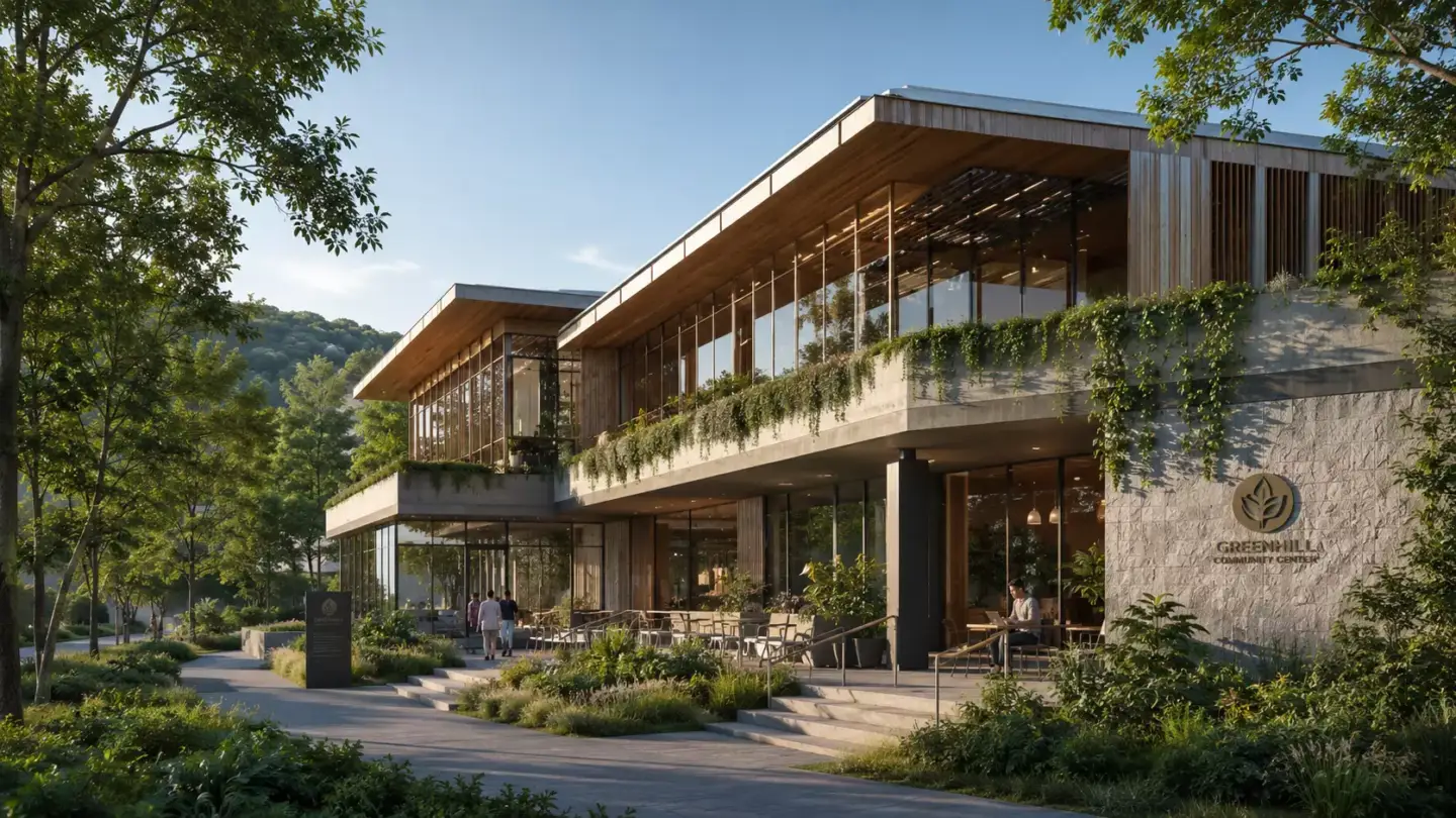 Architectural Visualization Trends Shaping 3D Rendering Architectural rendering of Greenhill Community Center with glass walls, greenery, and terrace seating
