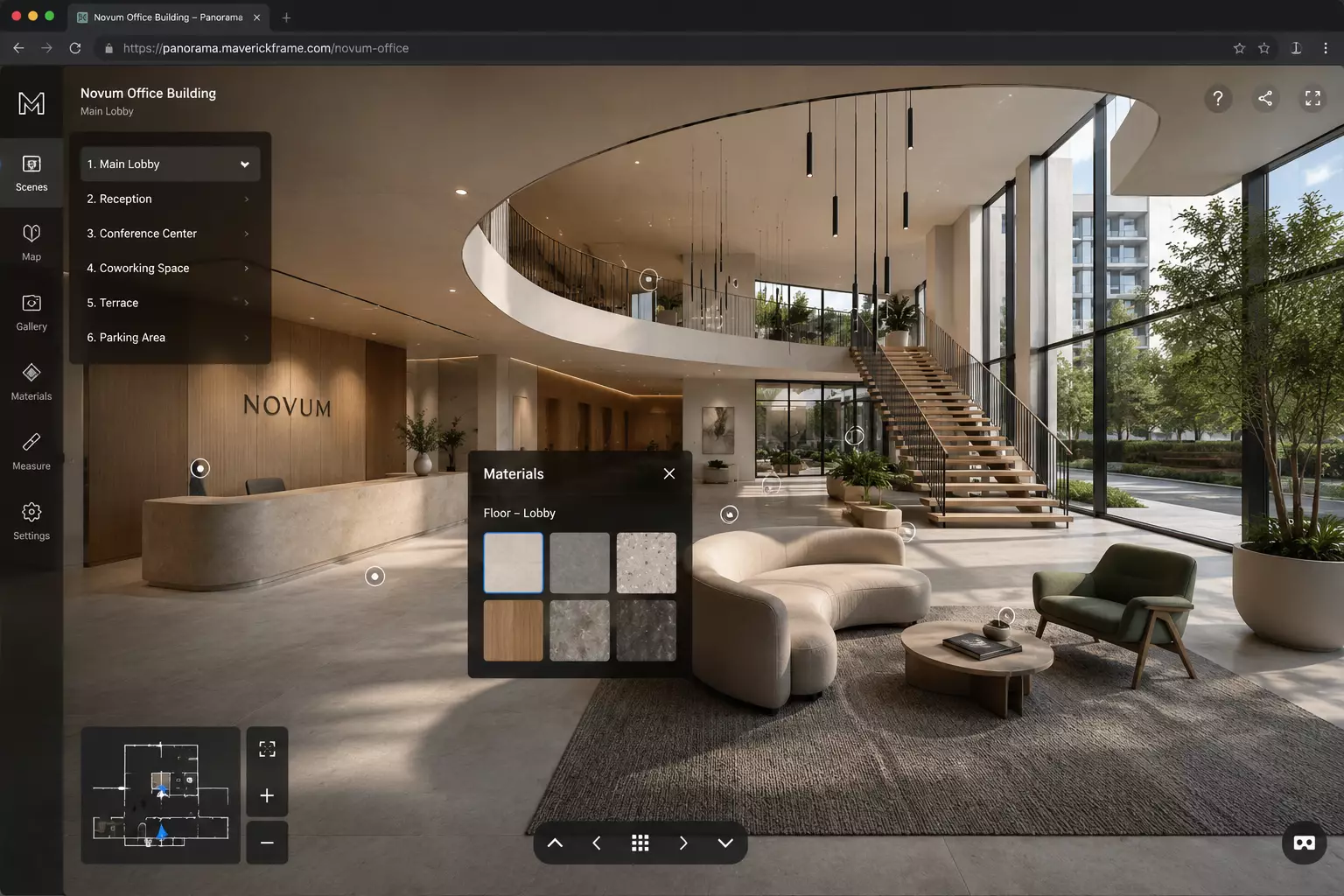 Architectural Visualization Trends Shaping 3D Rendering Interactive 3D visualization tour of a Novum office lobby with materials panel and scene menu