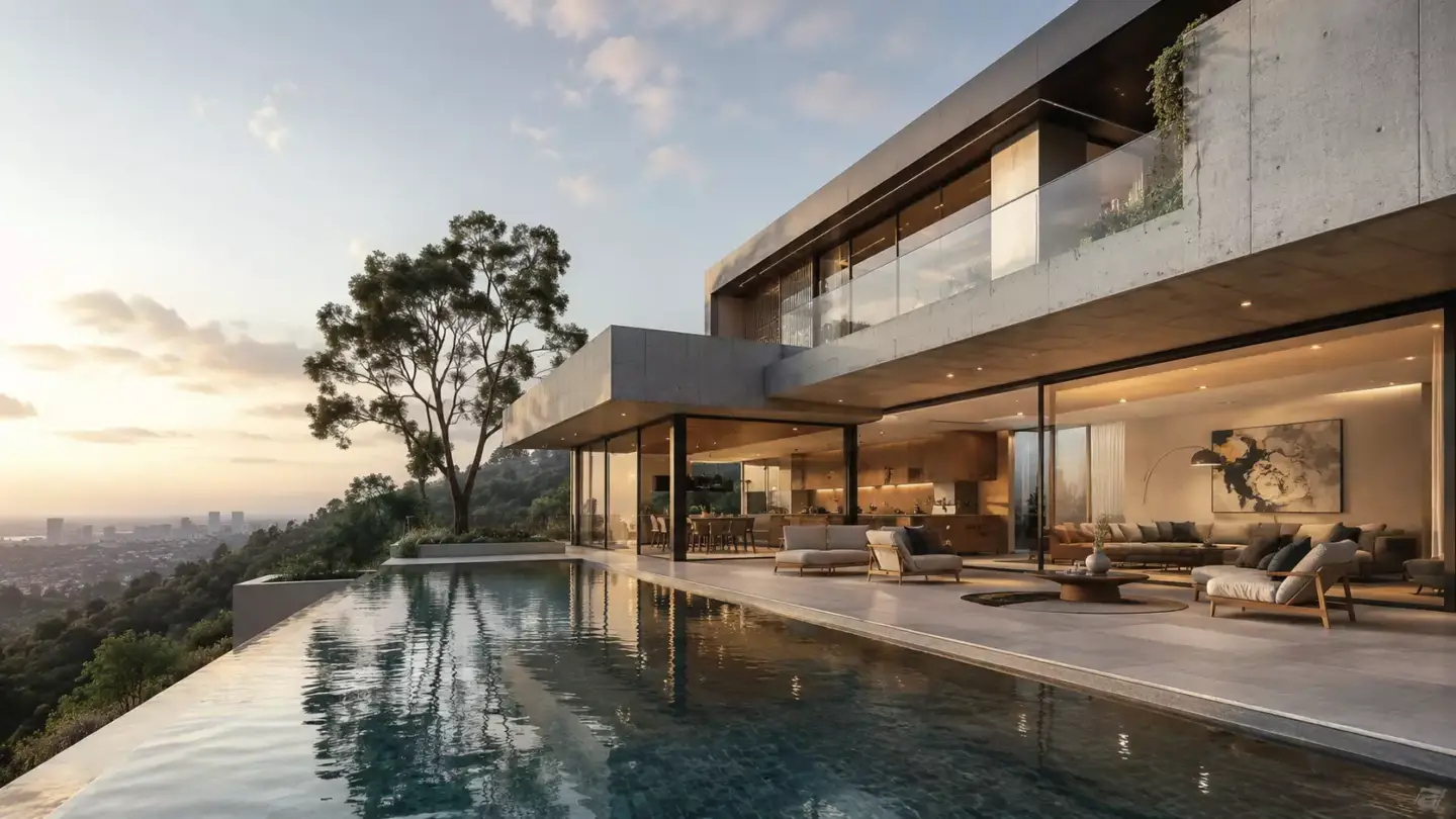 Architectural Visualization Trends Shaping 3D Rendering 3D architectural render of a modern hillside villa with infinity pool at sunset