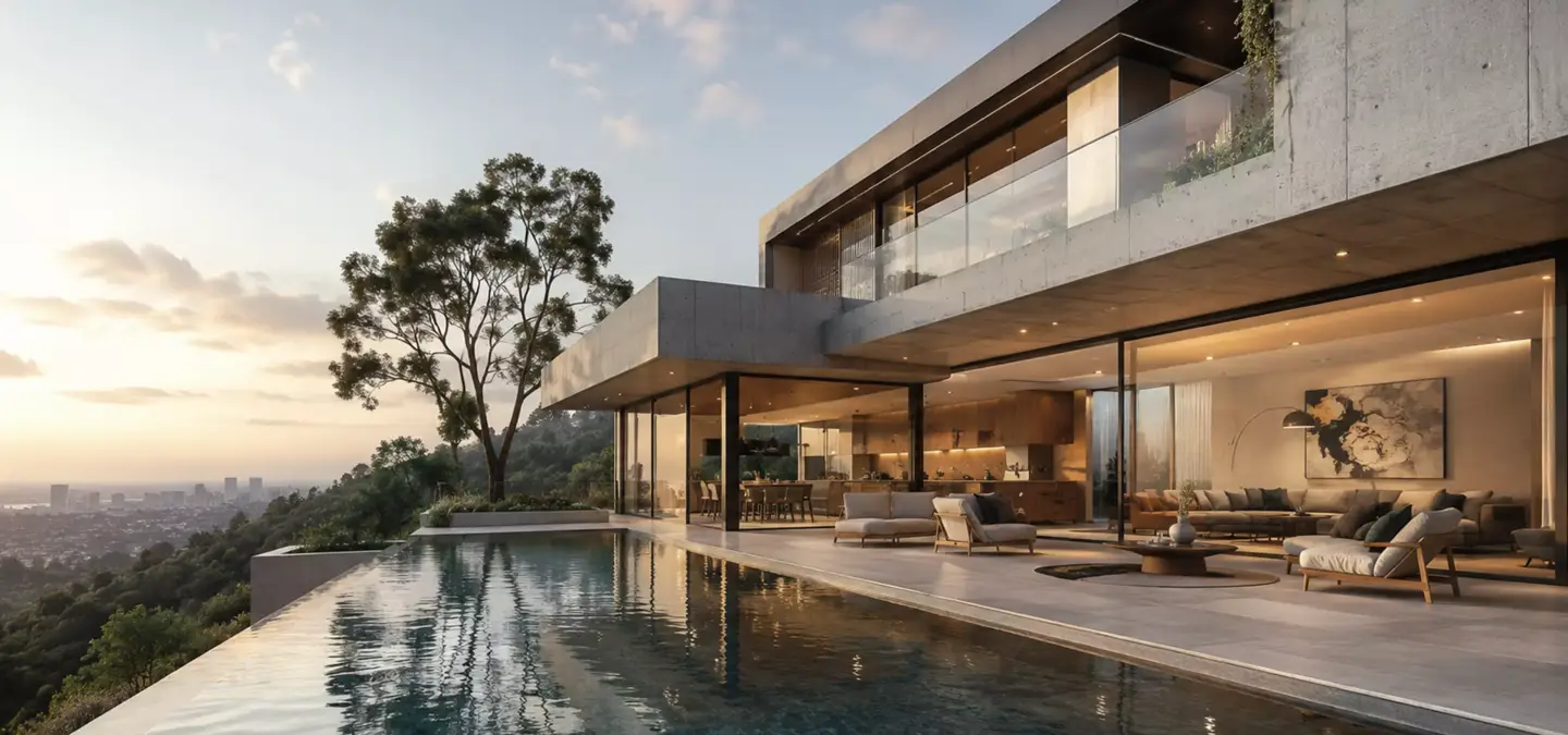 Photorealistic architectural render of a glass hillside home with pool, terrace, and city view