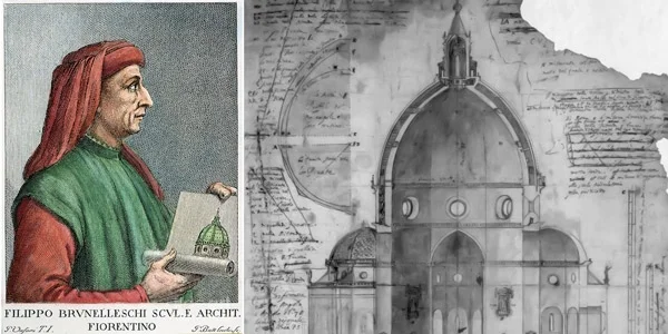 History of architectural visualization Filippo Brunelleschi portrait alongside Renaissance architectural dome drawings and perspective studies