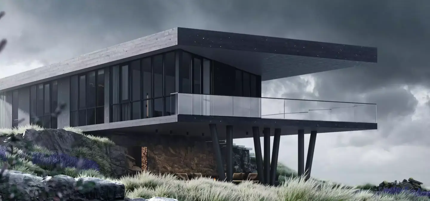Contemporary house on stilts in rocky terrain, top 3D visualization studios representing the Swedish market