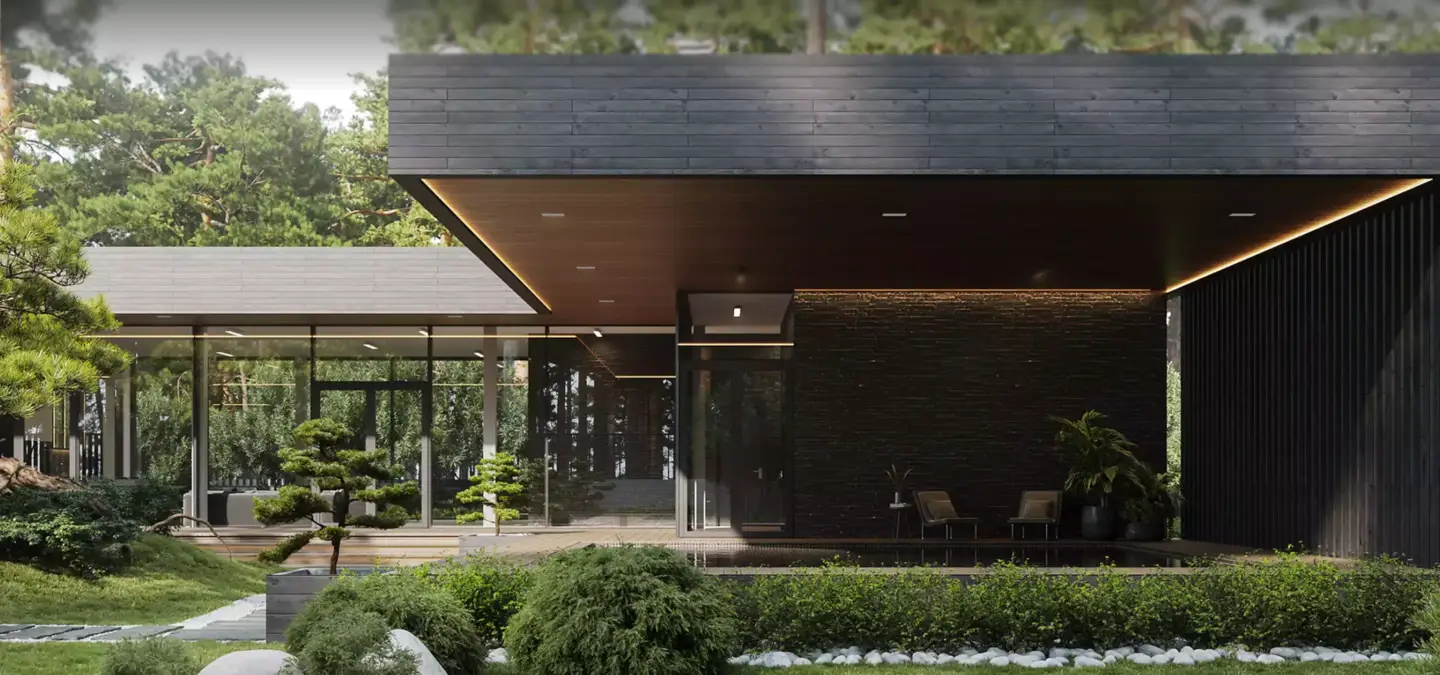 Contemporary villa with glass walls and greenery, top 5 studios in 3D visualization market in Greece