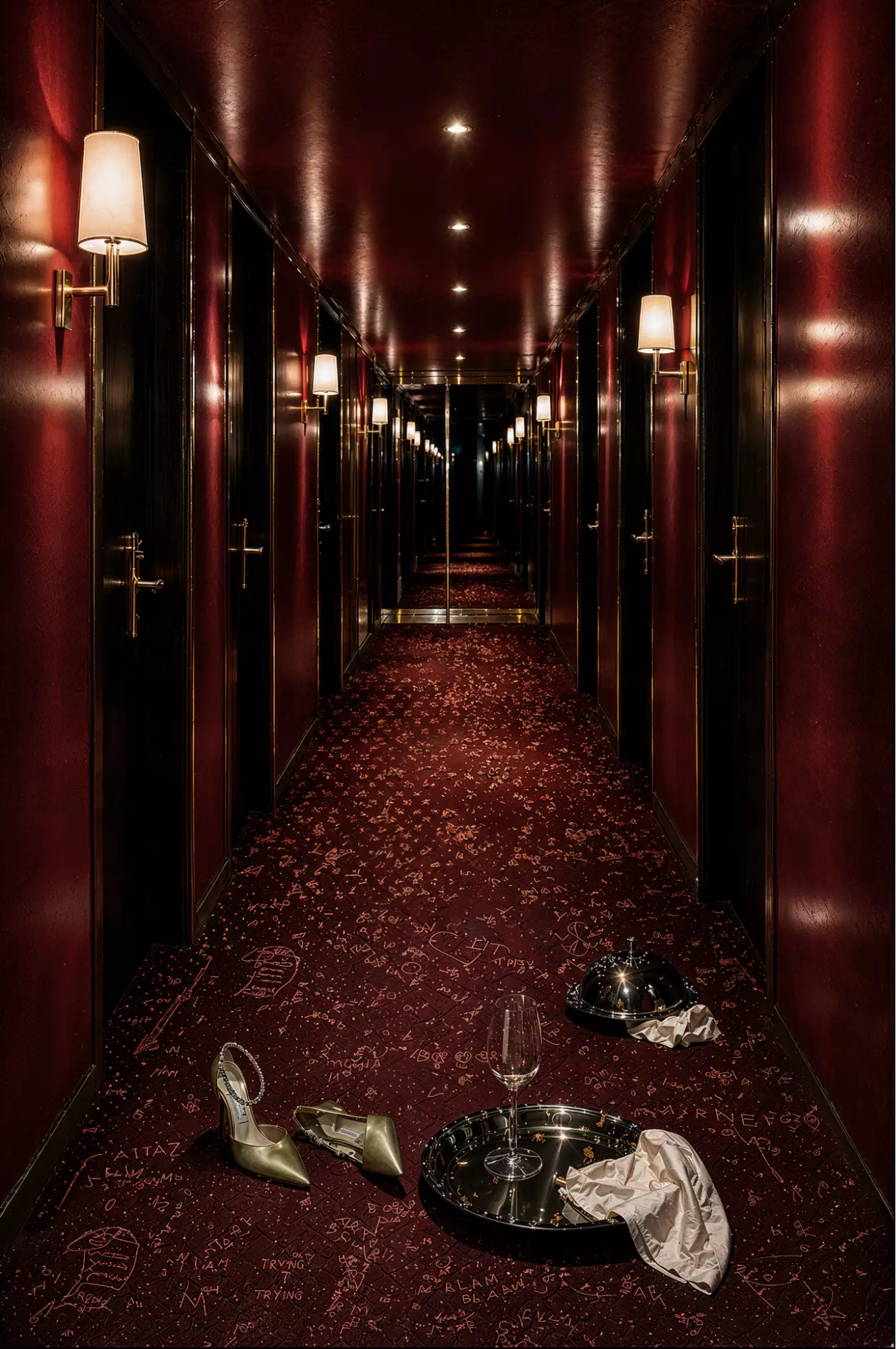 Best 3D Rendering Studios in Italy for 2026 Dark Italian corridor 3D visualization with red walls, wall lamps, doors, and carpeted floor
