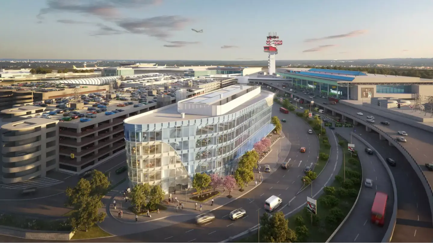 Best 3D Rendering Studios in Italy for 2026 Italian airport 3D visualization with glass building, roads, parking, and terminal tower”