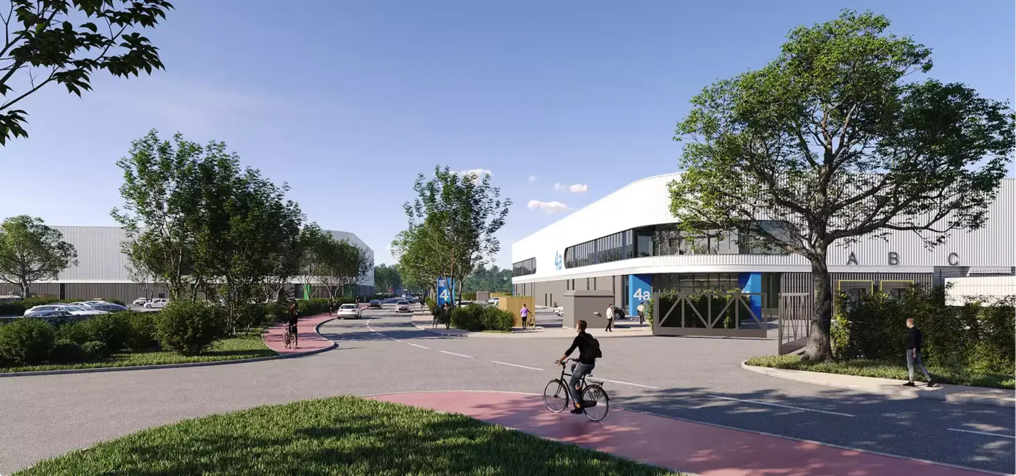 3D rendered Italian business park with white industrial buildings, cyclists, trees, and road