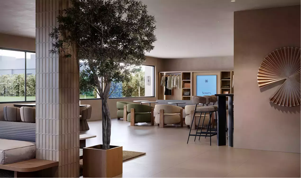 Best 3D Rendering Studios in Italy for 2026 Italian showroom 3D render with indoor tree, soft seating, display shelves, and warm decor