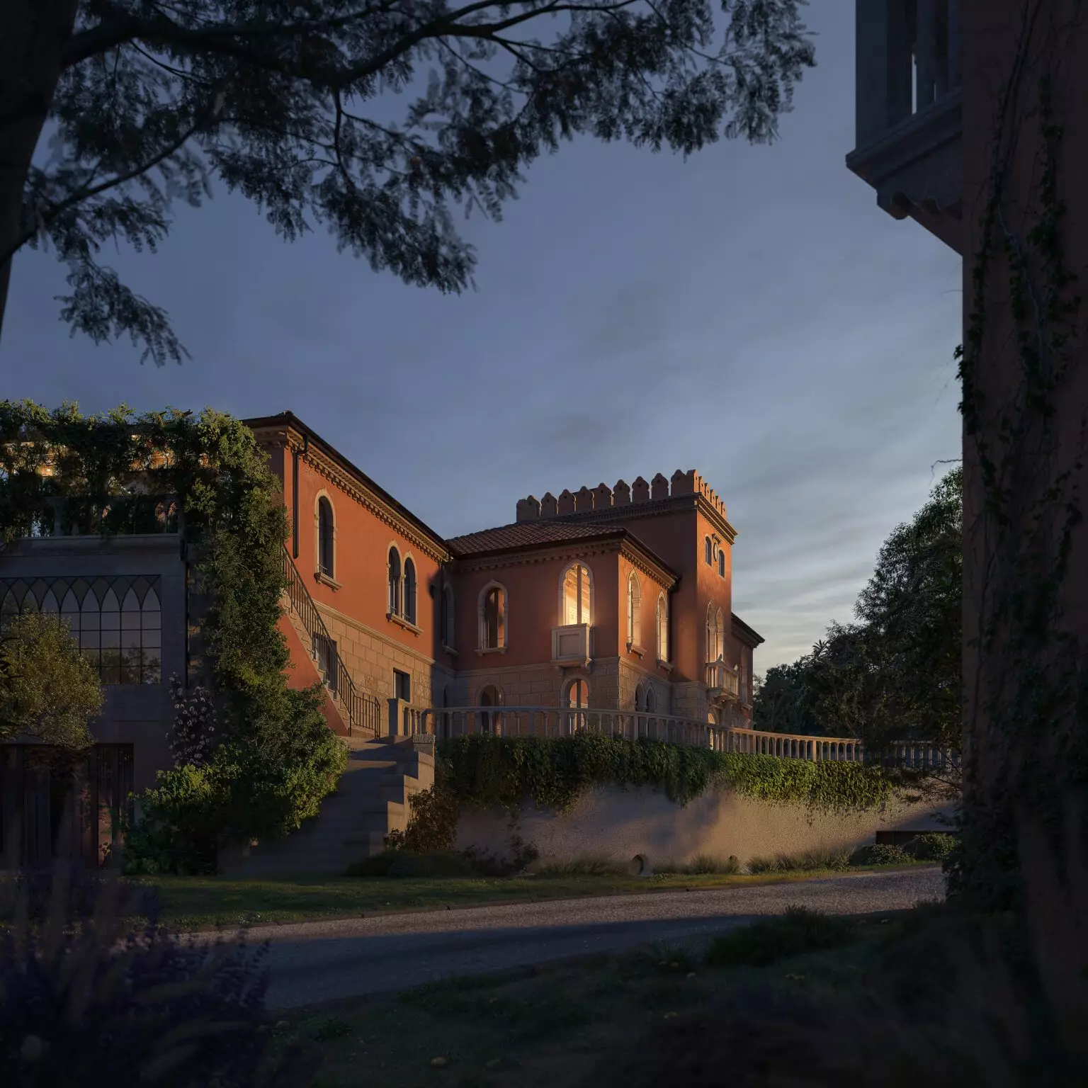 Best 3D Rendering Studios in Italy for 2026 Italian villa 3D render at dusk with arched windows, terracotta walls, and garden path