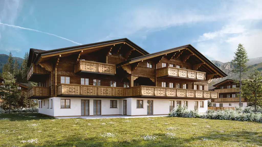 Best 3D Rendering Studios in Italy for 2026 3D rendered alpine chalet in Italy with wooden balconies, lawn, and mountain backdrop