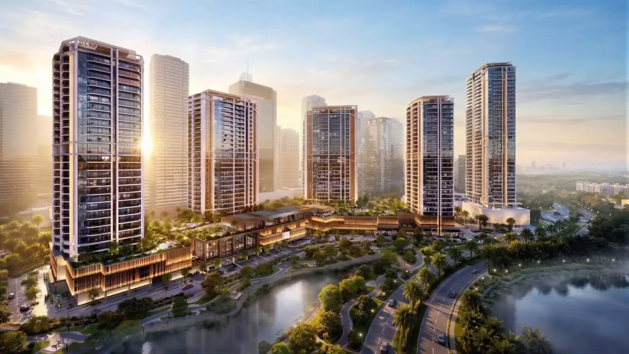 Best 3D Rendering Studios in Italy for 2026 3D rendering of high-rise residential towers in Italy with lakeside landscaping at sunset