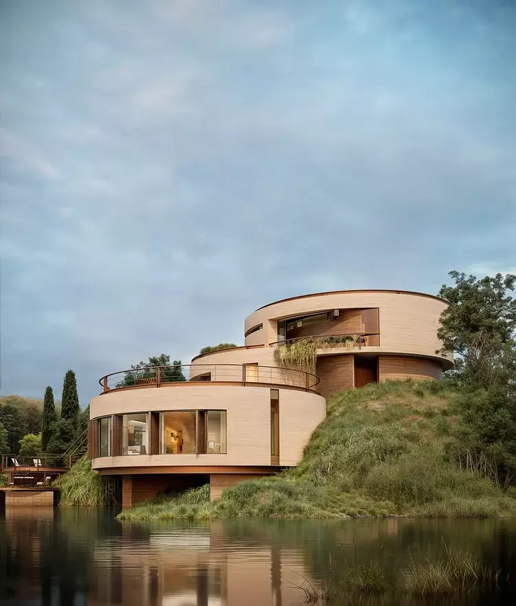 Best 3D Rendering Studios in Italy for 2026 Modern Italy villa 3D rendering with curved wood forms, hillside grass, and lake reflection