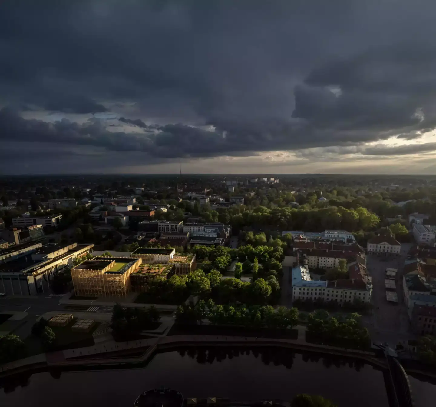 Best 3D Rendering Studios in Italy for 2026 Stormy city aerial 3D visualization with dark clouds, river, and sunlit urban blocks
