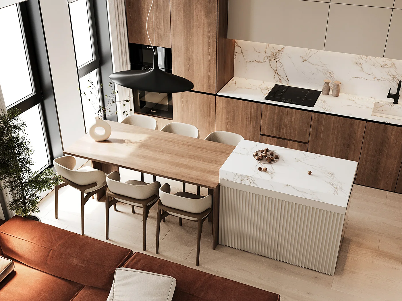 Top 6 3D visualization studios on Estonia market Modern kitchen and dining interior rendering showcasing high-quality 3D visualization and materials