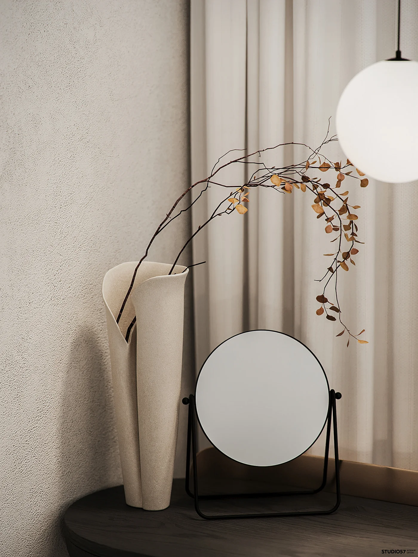 Top 6 3D visualization studios on Estonia market Minimalist interior decor detail with vase and mirror in a clean 3D interior rendering