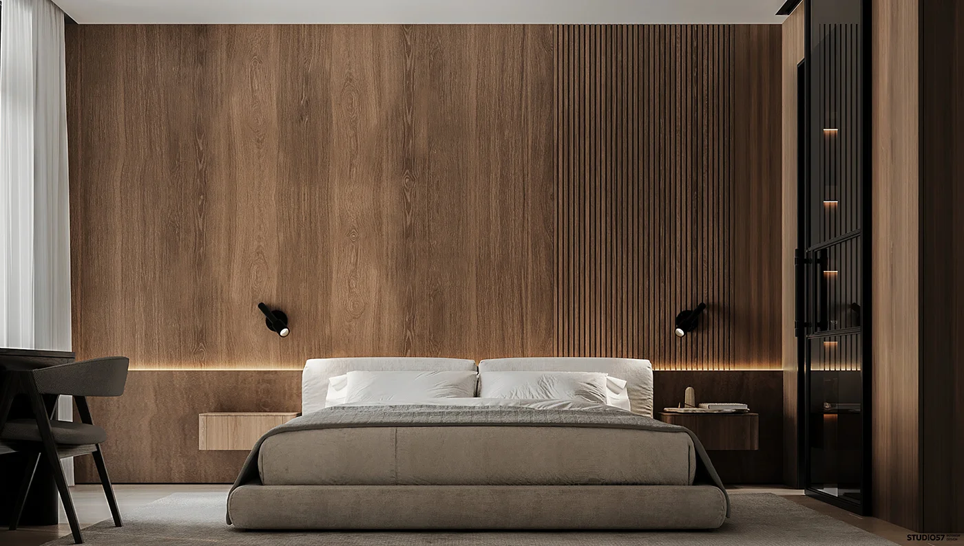 Top 6 3D visualization studios on Estonia market Modern bedroom interior rendering with wood panels, soft lighting, and minimalist design
