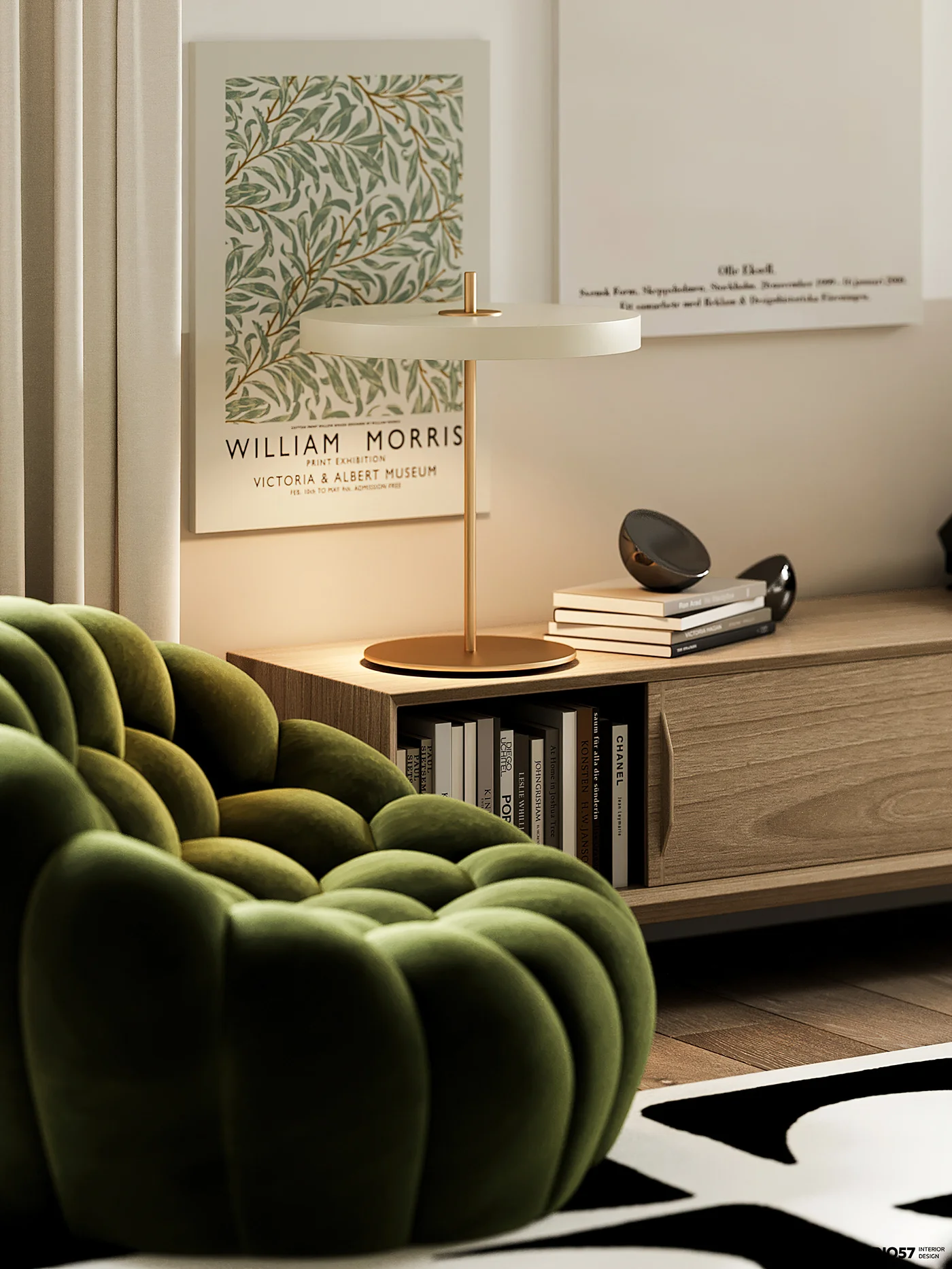 Interior rendering detail with green accent chair, modern table lamp, wooden cabinet, and minimalist decor
