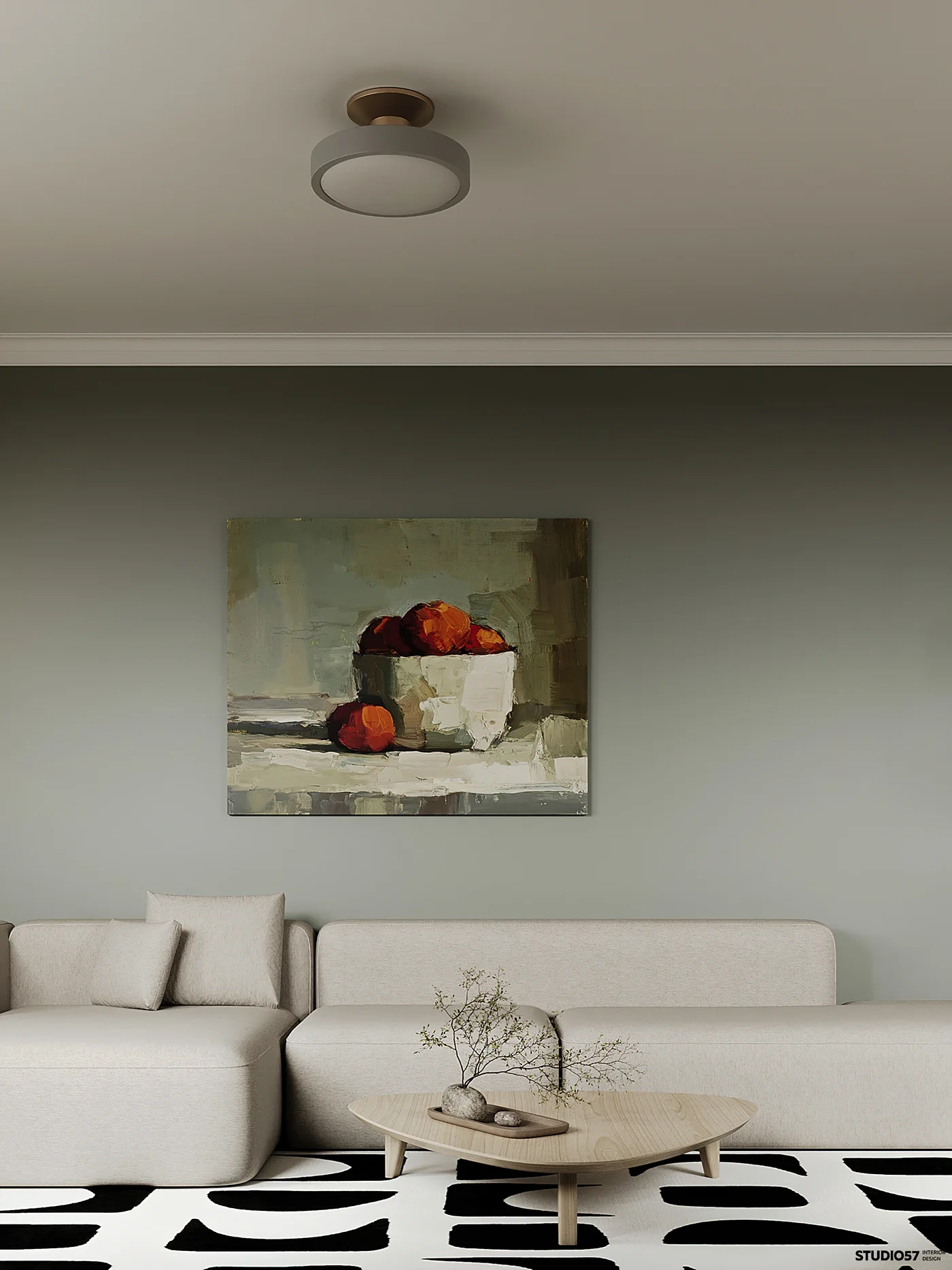 Minimalist living room interior rendering with neutral sofa, modern lighting, and contemporary wall art