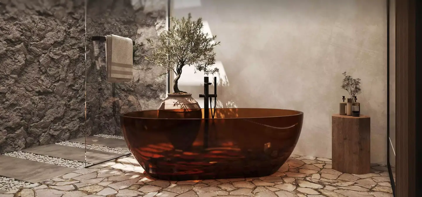 Outdoor bathroom with stone walls and amber bathtub, Top 3 interior renders on Bali from 3D studios