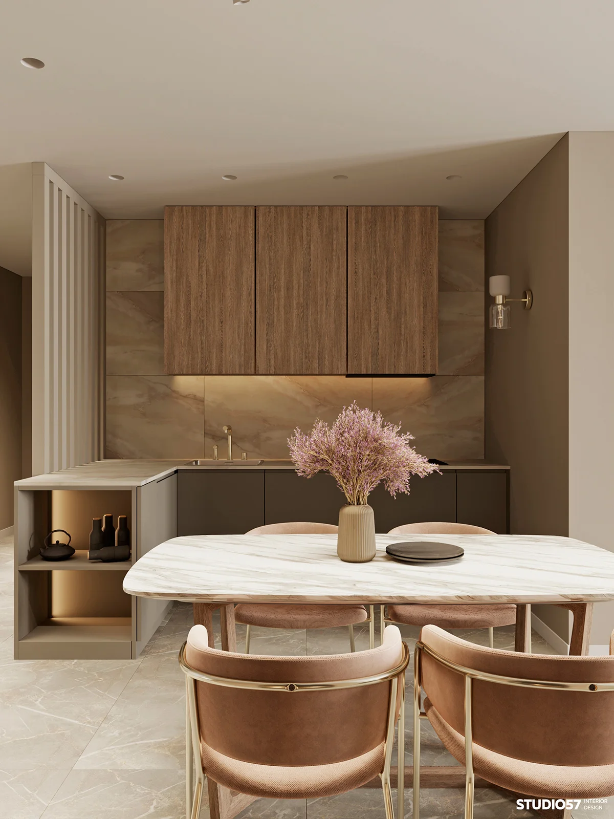 Best 3D Rendering Companies in Ireland Photorealistic interior rendering of a modern dining area with marble table and soft lighting by an Irish-market 3D rendering company