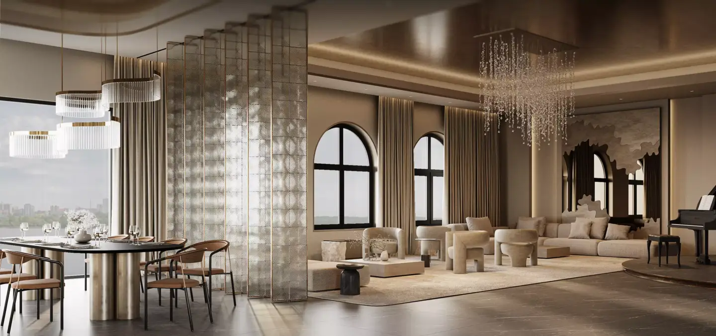 Luxury living room with chandelier and sofa, top companies in the 3D visualization market in lithuania