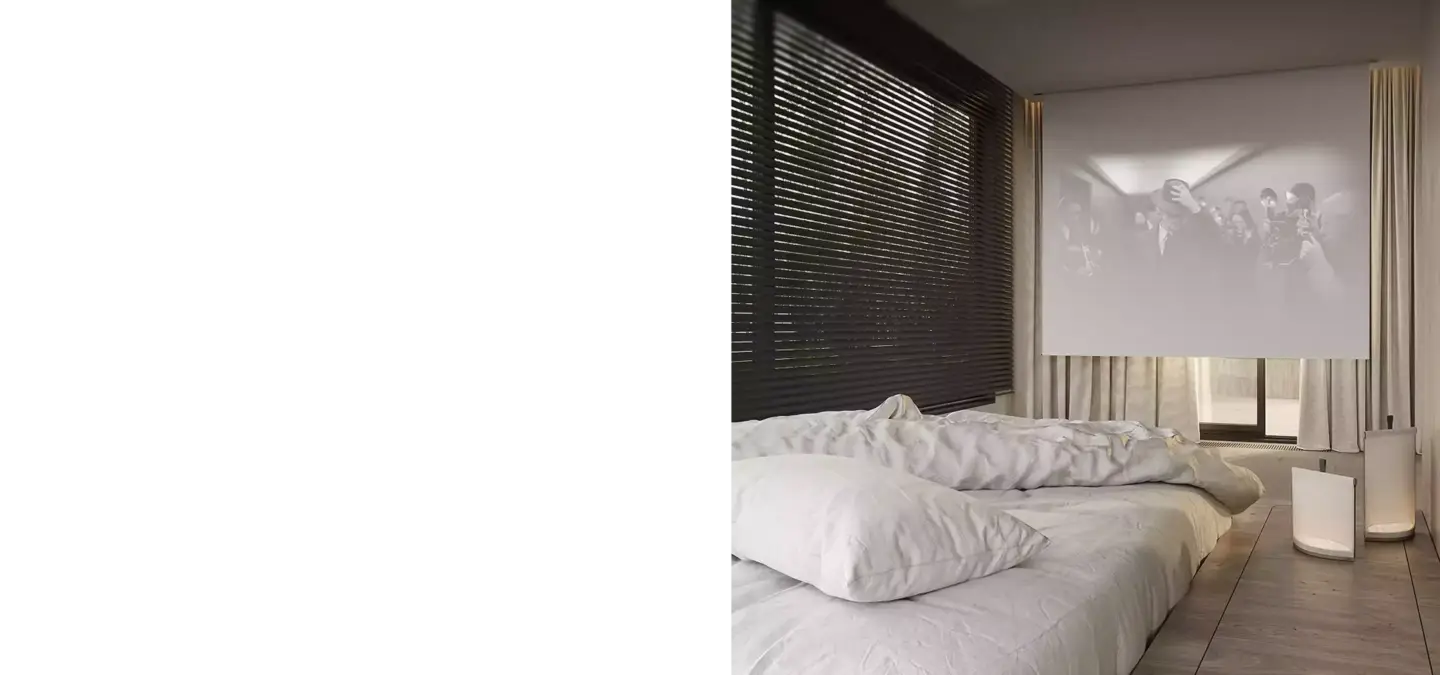Minimal bedroom with bed and projector screen, top 3D visualization studios the Swiss market