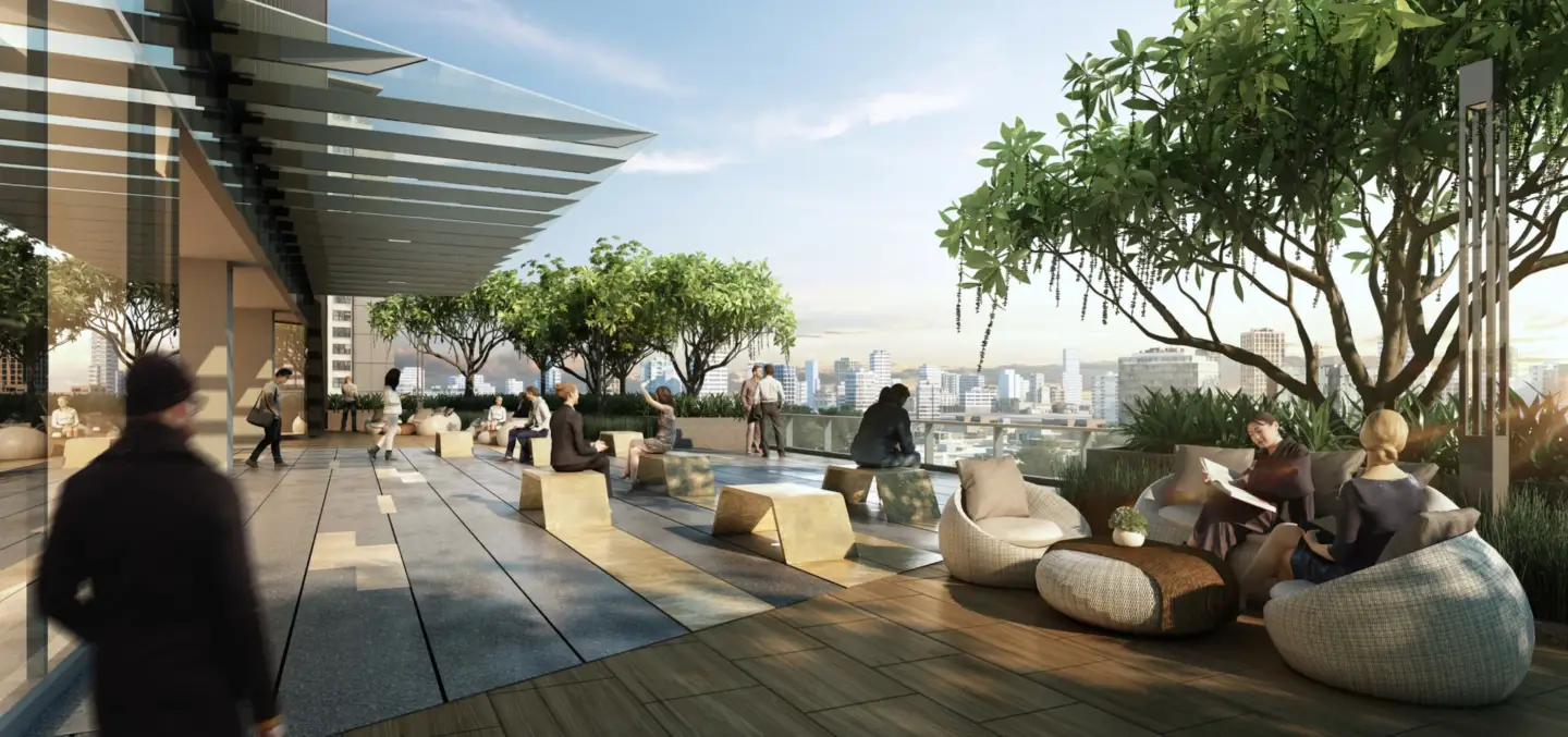 Best 3D Rendering Companies in Thailand Modern rooftop lounge CGI with greenery, seating areas, and people in a lifestyle architectural rendering
