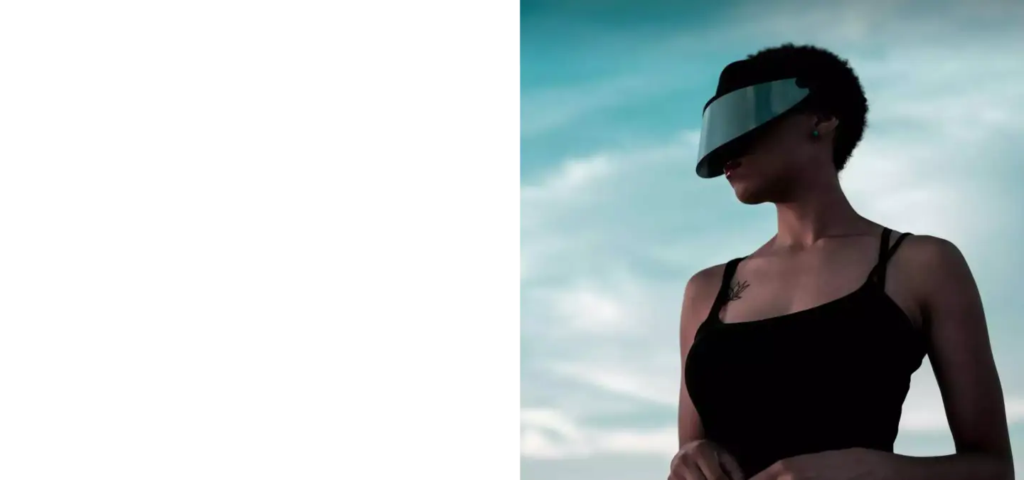 Person wearing sleek VR visor outdoors under sky, “Sweet” immersion: which VR headset to choose for archviz in 2025?