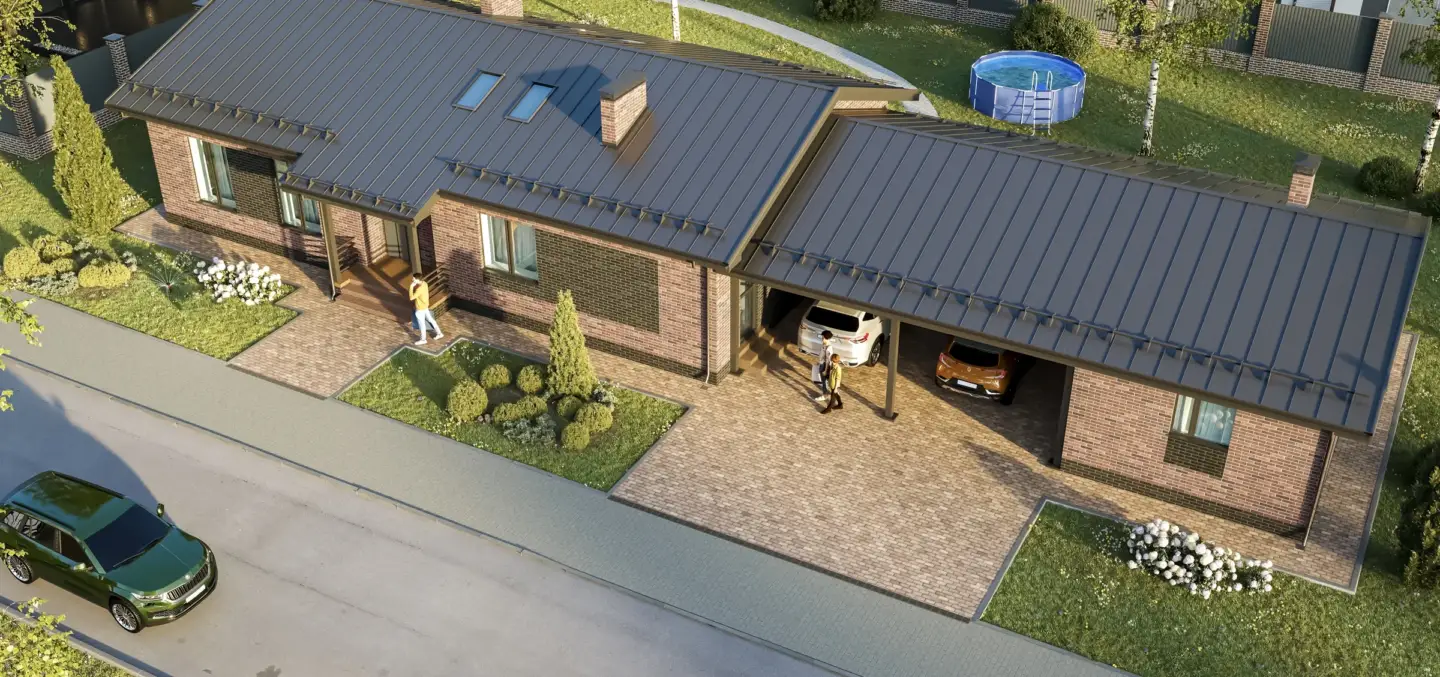 Best 3D Rendering Companies in Thailand Aerial 3D rendering of a modern residential house with landscaped yard and contemporary roof design