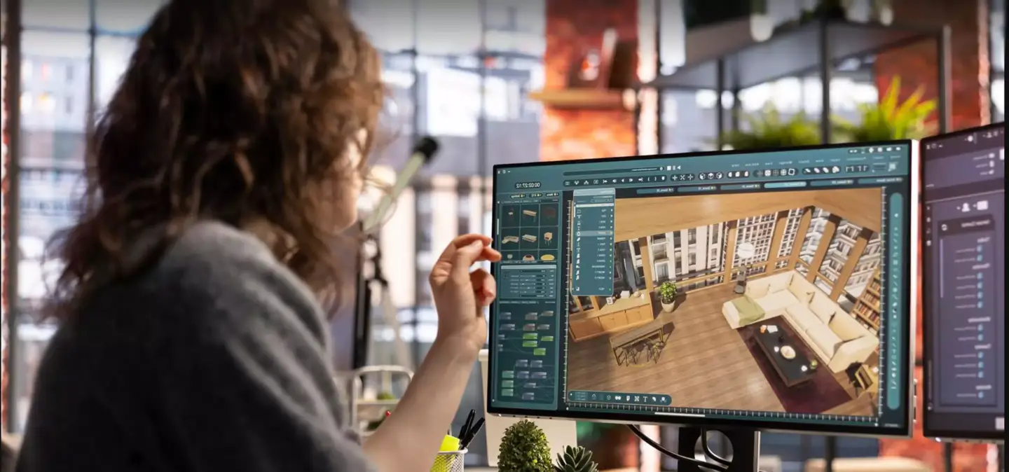 Designer working on interior 3D scene on monitor in studio, 3D visualization studios in Belgium redefining architecture and design