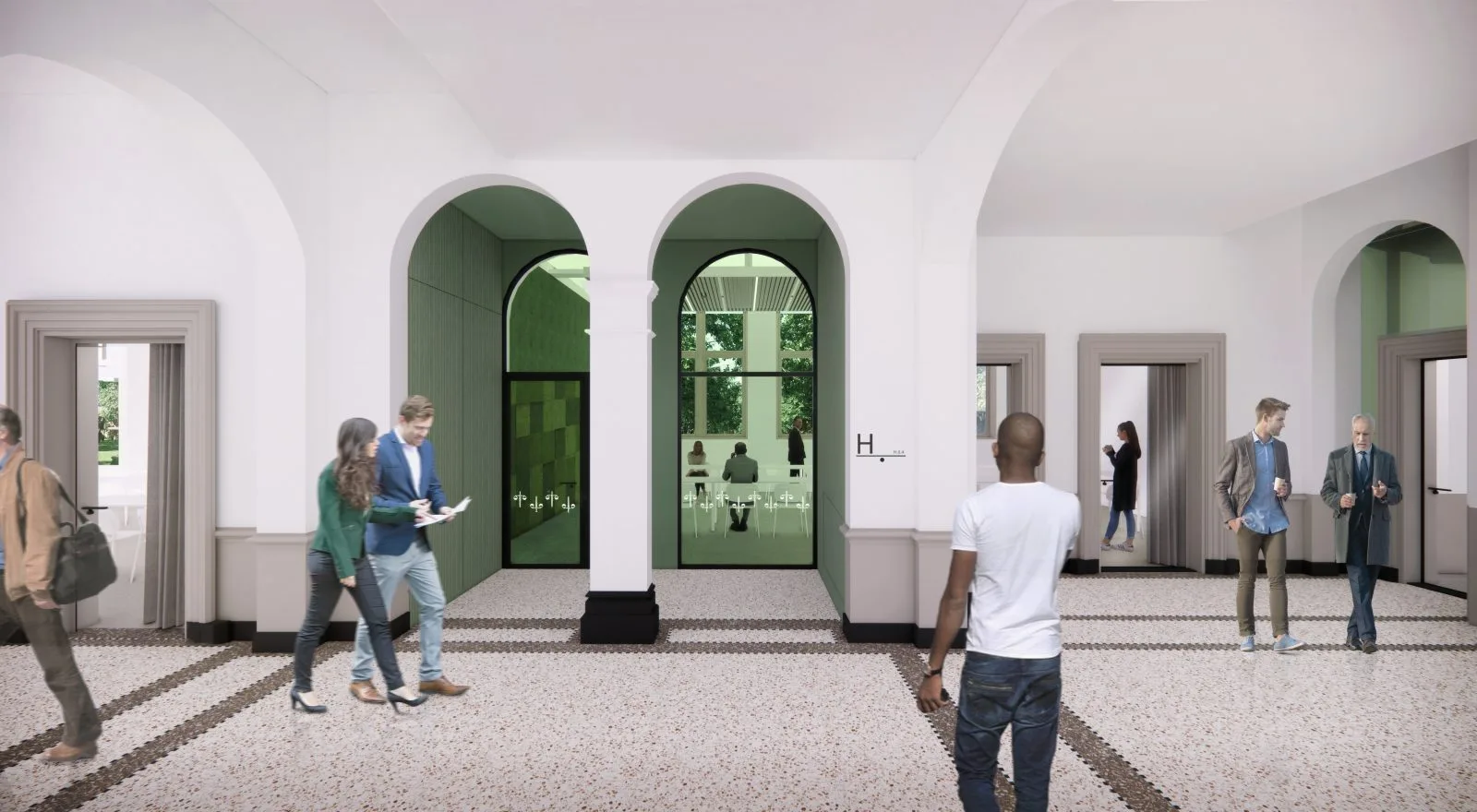 Best 3D Rendering Companies in the Netherlands 3D interior rendering of a Dutch public building lobby with arched corridors.