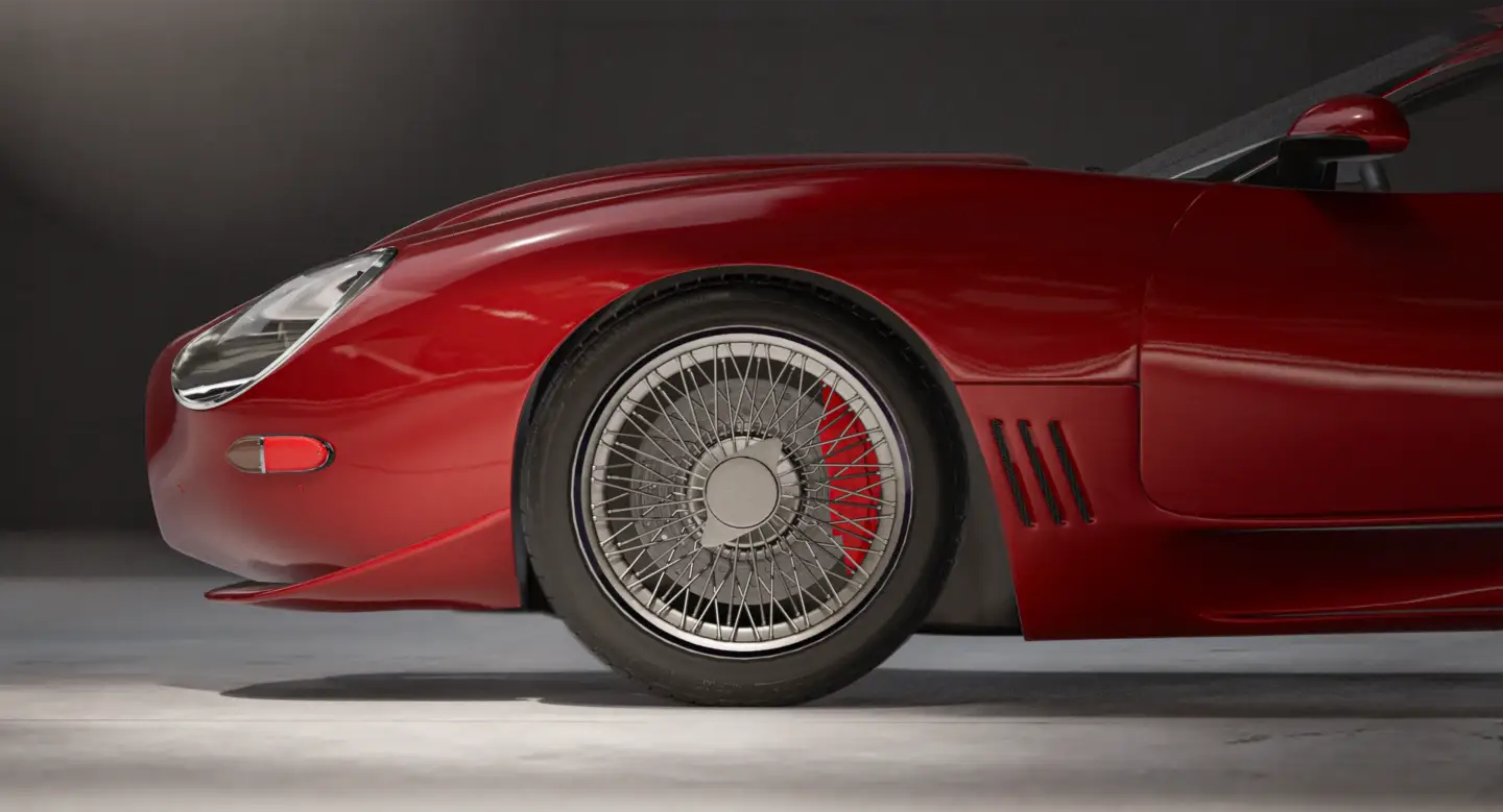 Creating A Custom 3D Car Model In Maya Close-up of the front wheel and body panel on a custom 3D car render created in Maya.