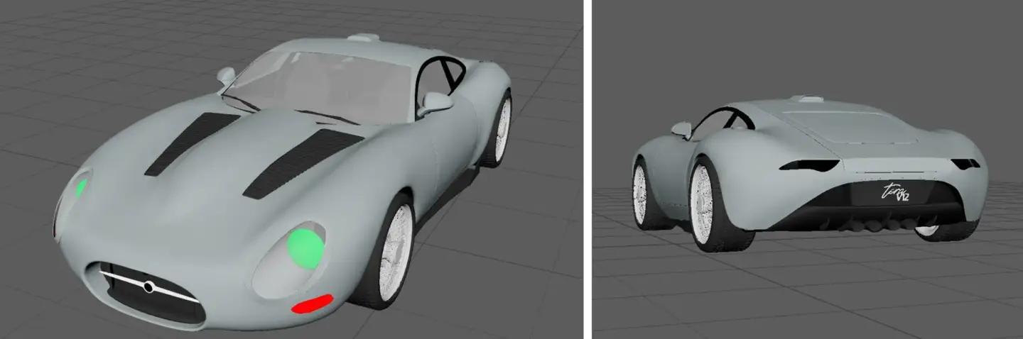 Creating A Custom 3D Car Model In Maya Mid-stage 3D car model in Maya showing refined body shapes and proportions.