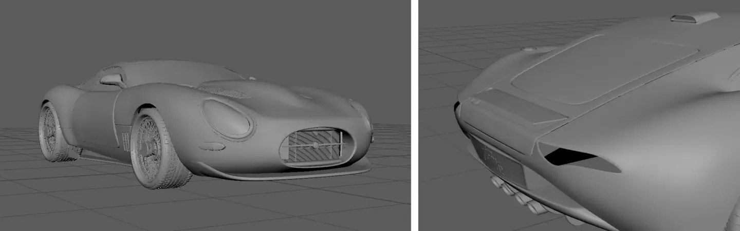 Creating A Custom 3D Car Model In Maya Detailed clay 3D car model in Maya showing refined surfaces and body details.