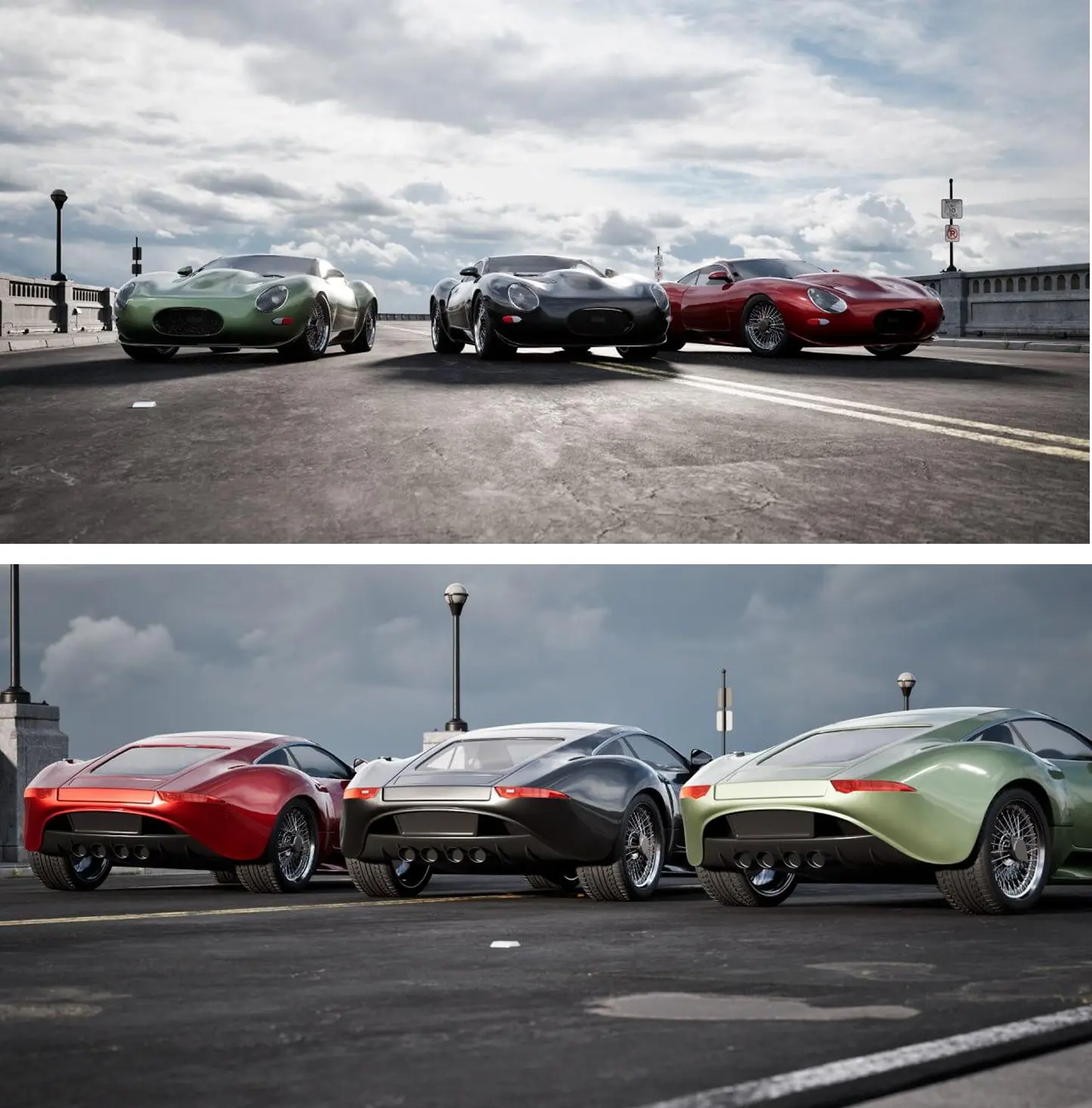 Creating A Custom 3D Car Model In Maya Lineup of custom 3D car renders showing different colors and rear design details.