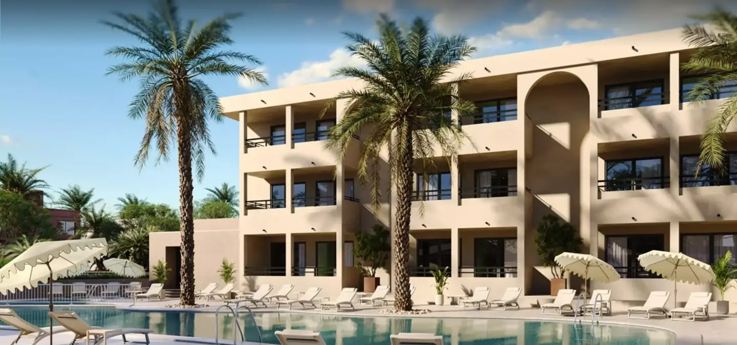 Dubai resort building with poolside loungers and palm trees, Best 3D Rendering Companies and Architectural Visualization studios in Dubai